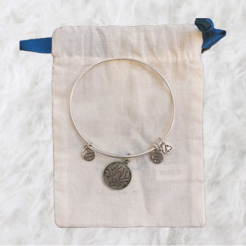 Alex and Ani Silvertone Lotus Flower Energy Adjustable Bangle Bracelet